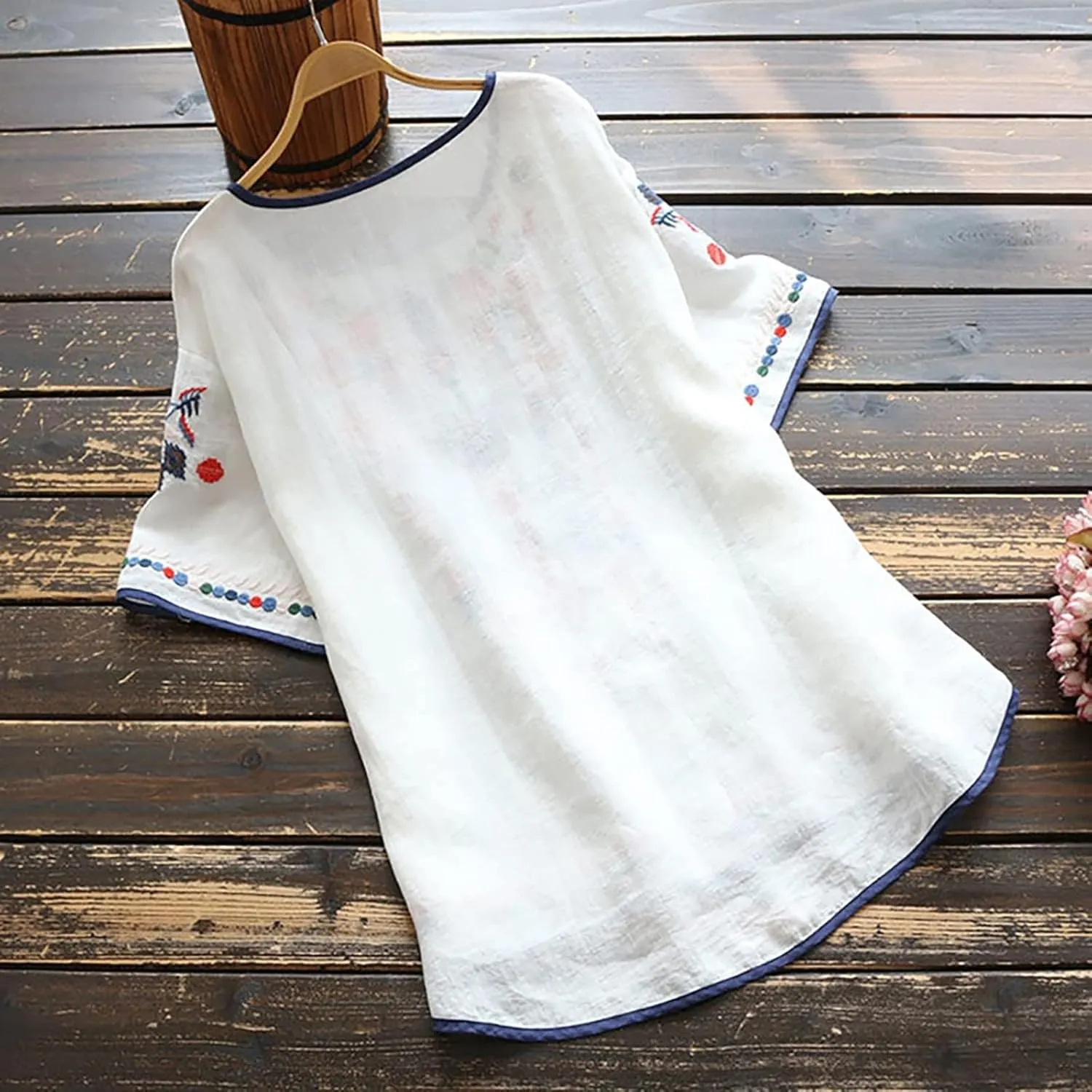 Womens Mexican Peasant Blouses Short Sleeve Embroidered Tunic Floral Cotton Linen Tops Boho Bohemian Trendy Clothes