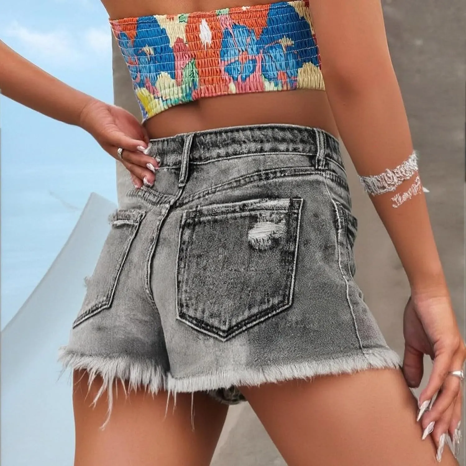 Womens Mid-High Waisted 2025 Summer Ripped Denim Jean Shorts Cutoff Stretchy Hot Short Pants