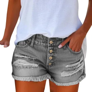 Womens Mid-High Waisted 2025 Summer Ripped Denim Jean Shorts Cutoff Stretchy Hot Short Pants