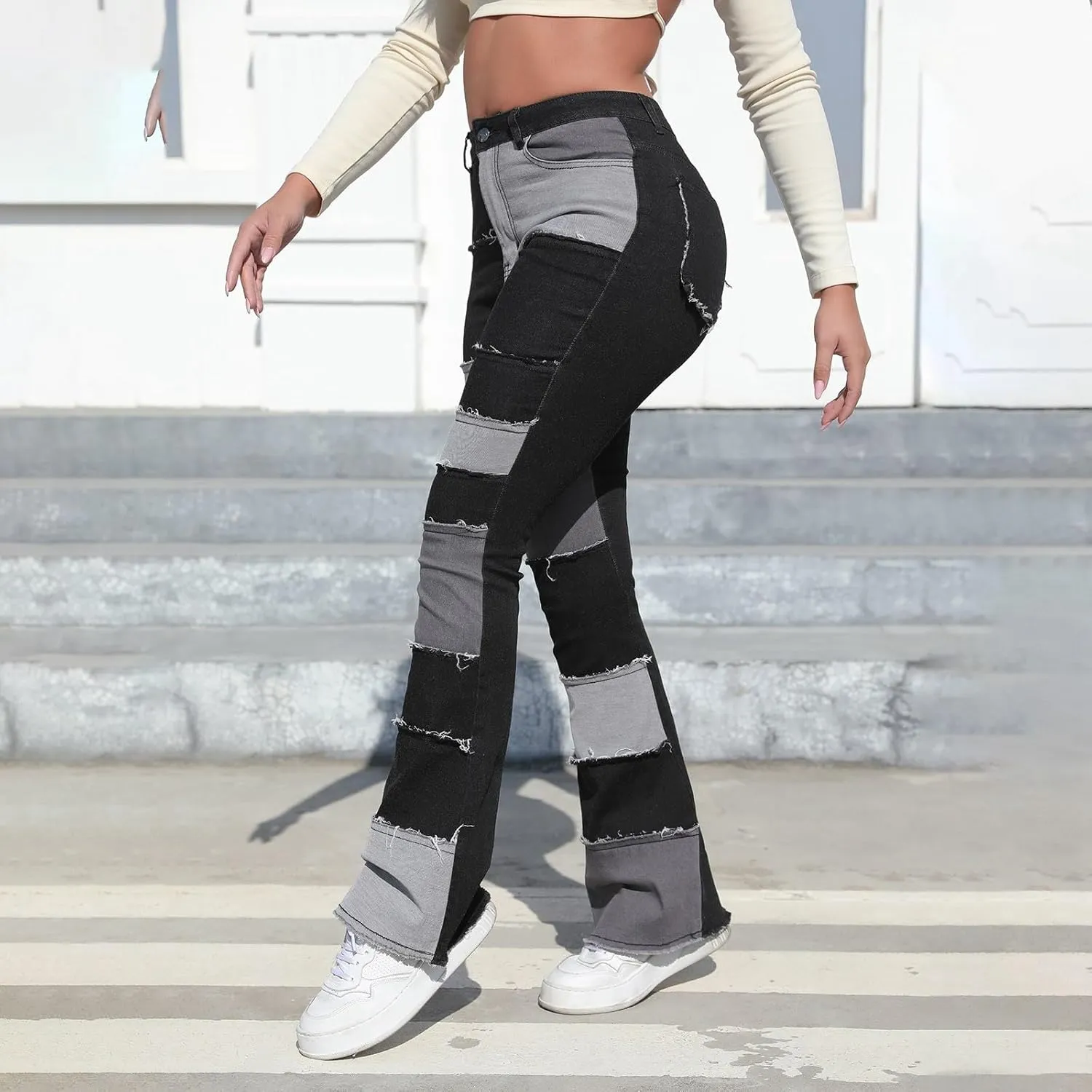 Womens Mid Waist Bell Bottom Stretchy Flare Jeans Pants High Waist Baggy Boyfriend Distressed Denim Pants