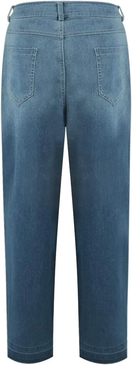 Womens Mid Waist Bell Bottom Stretchy Flare Jeans Pants High Waist Baggy Boyfriend Distressed Denim Pants