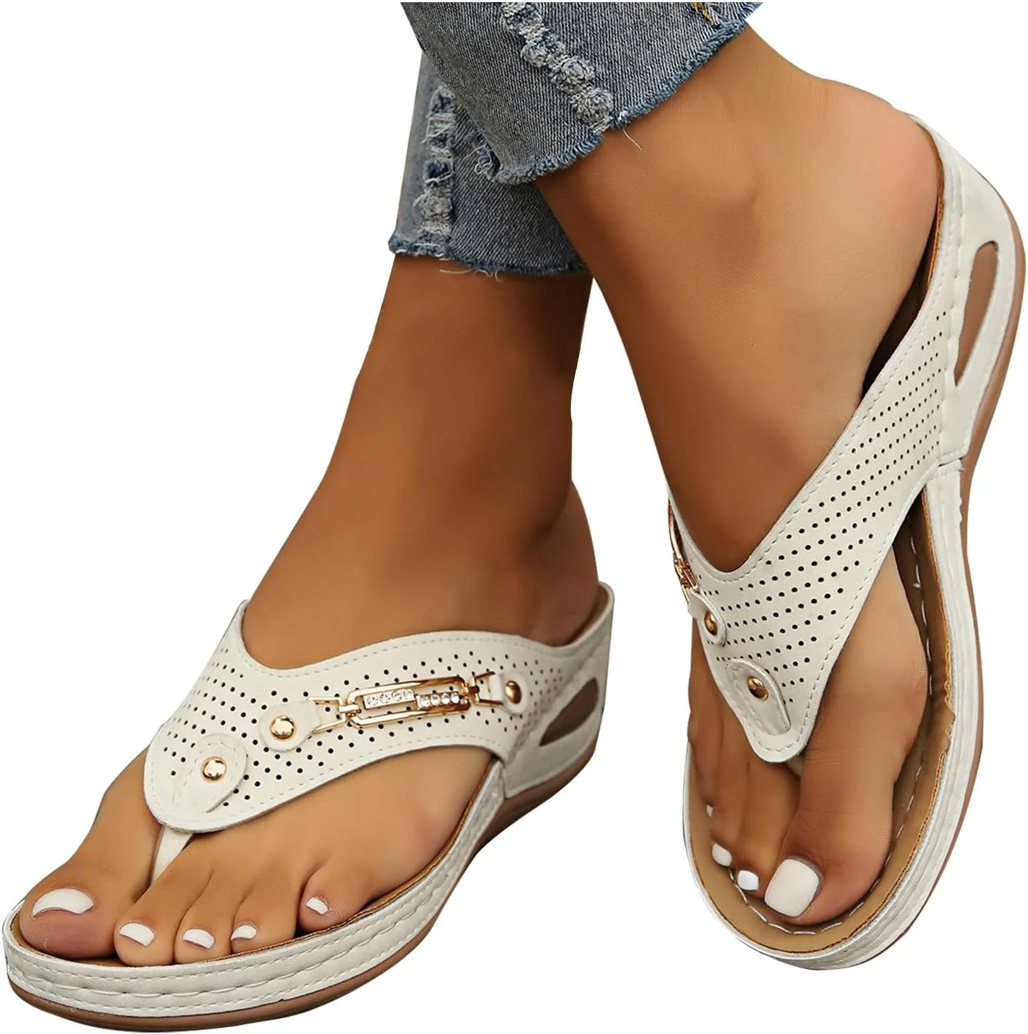 Women's New Casual Sandals Metal Button Wedge Heel Sandal with Arch Support Mat Comfortable Summer Walking Slippers