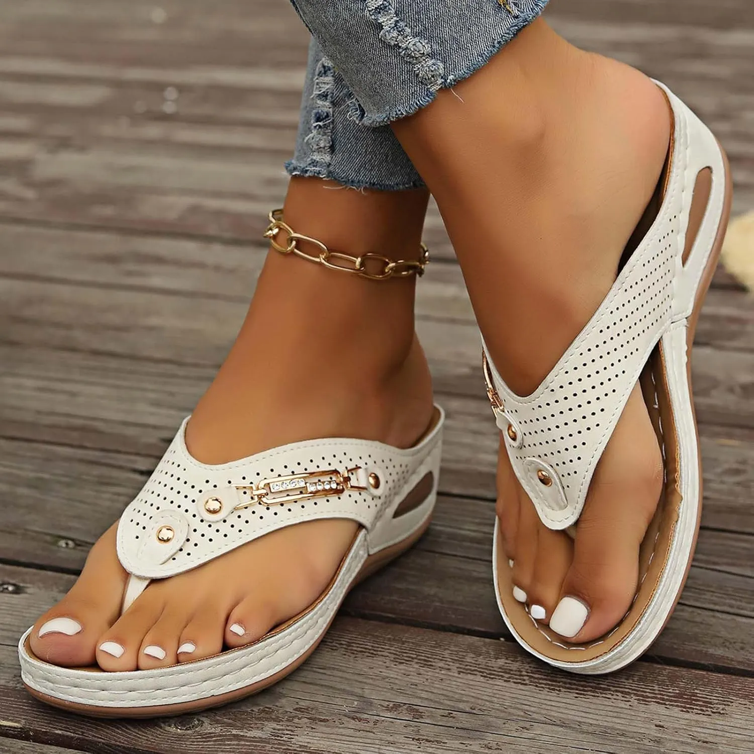 Women's New Casual Sandals Metal Button Wedge Heel Sandal with Arch Support Mat Comfortable Summer Walking Slippers