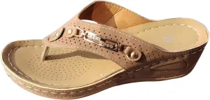 Women's New Casual Sandals Metal Button Wedge Heel Sandal with Arch Support Mat Comfortable Summer Walking Slippers