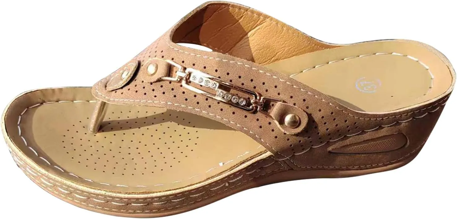 Women's New Casual Sandals Metal Button Wedge Heel Sandal with Arch Support Mat Comfortable Summer Walking Slippers