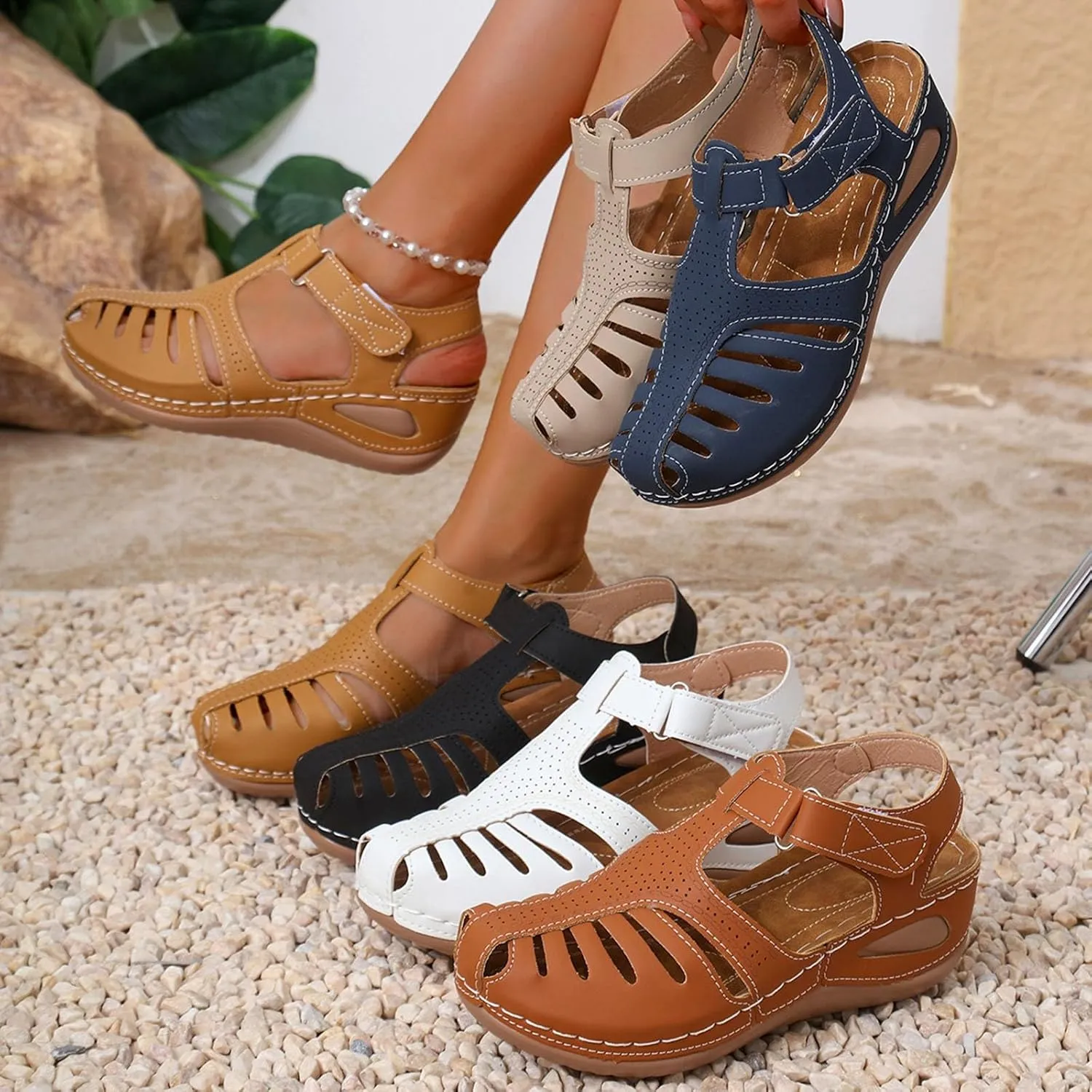 Womens Orthopedic Sandals 2025 Summer Closed Toe Wedges Dressy Casual Shoes Fisherman Comfortable Hollow Out Breathable Slides with Adjustable Straps