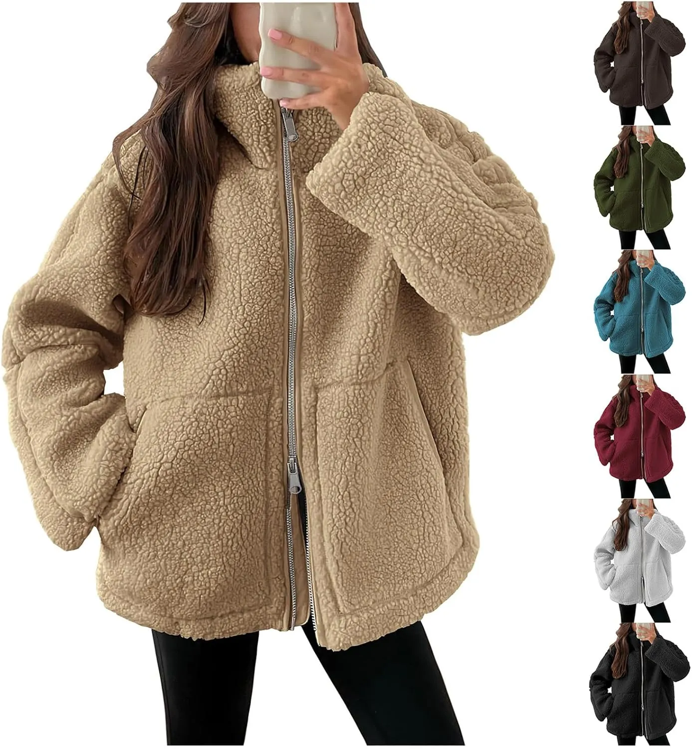 Womens Oversized Fleece Sherpa Lined Jacket Zip Up Long Sleeve Teddy Coat Casual Winter Warm Clothes with Pockets