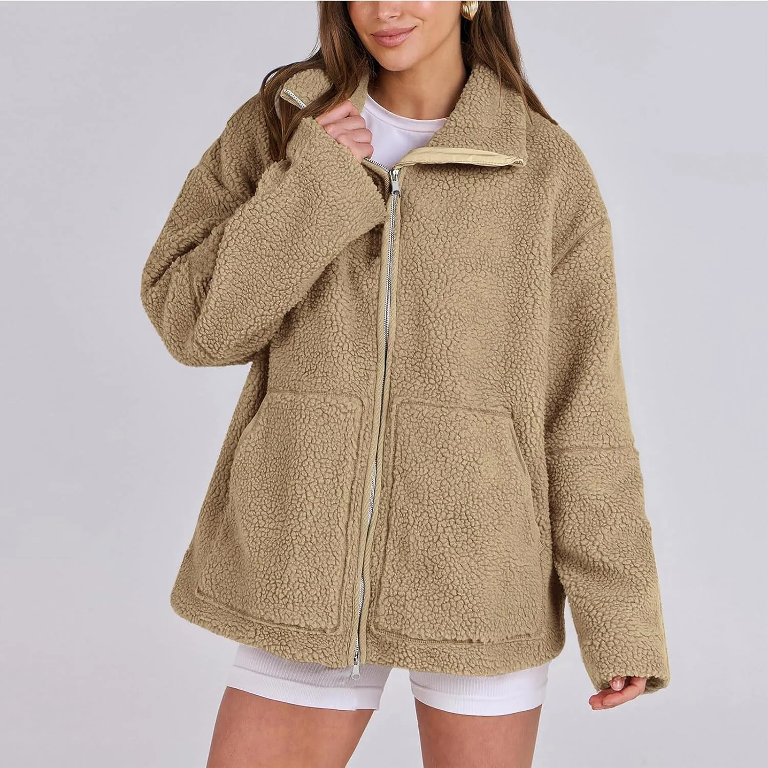 Womens Oversized Fleece Sherpa Lined Jacket Zip Up Long Sleeve Teddy Coat Casual Winter Warm Clothes with Pockets