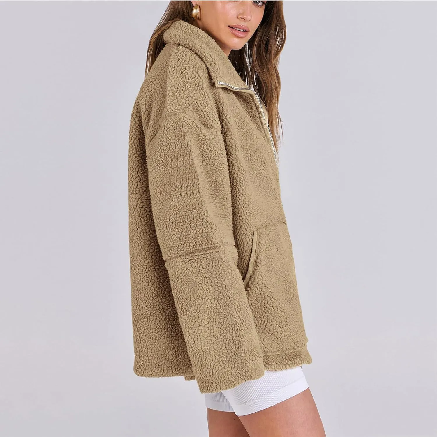 Womens Oversized Fleece Sherpa Lined Jacket Zip Up Long Sleeve Teddy Coat Casual Winter Warm Clothes with Pockets