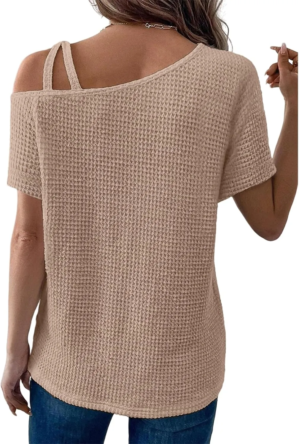 Womens Oversized Short Sleeve Mock Neck Sweater Summer Off One Shoulder Waffle Knit Tops Blouses