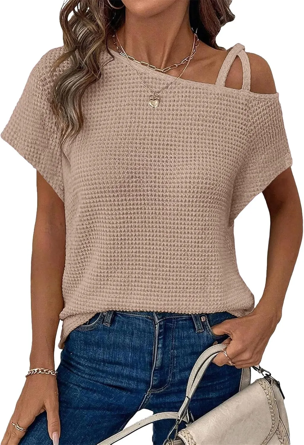 Womens Oversized Short Sleeve Mock Neck Sweater Summer Off One Shoulder Waffle Knit Tops Blouses
