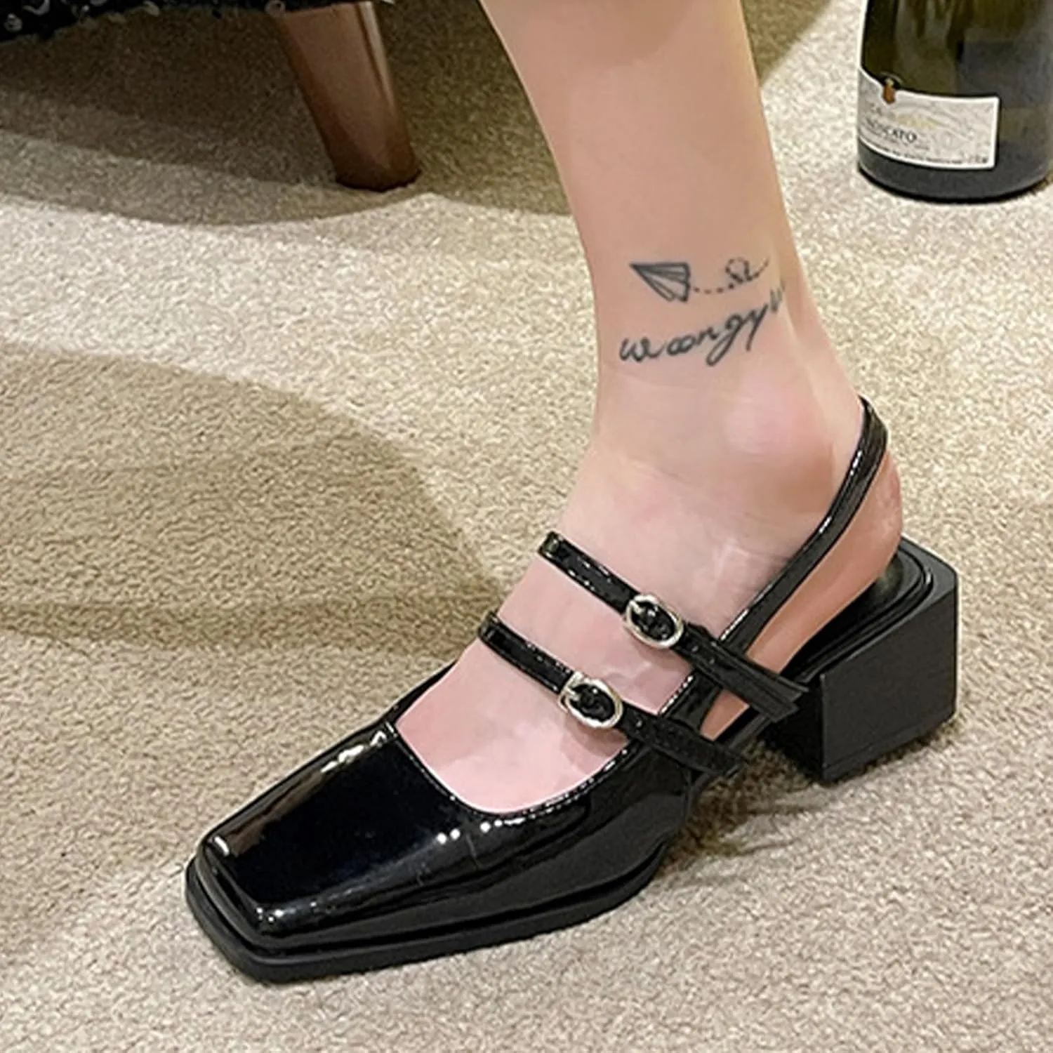 Women's Patent Leather Slingback Chunky Heels Mary Janes Pumps Buckle Closed Square Toe Low Heel Sandals Slip On Party Dress Work Shoes