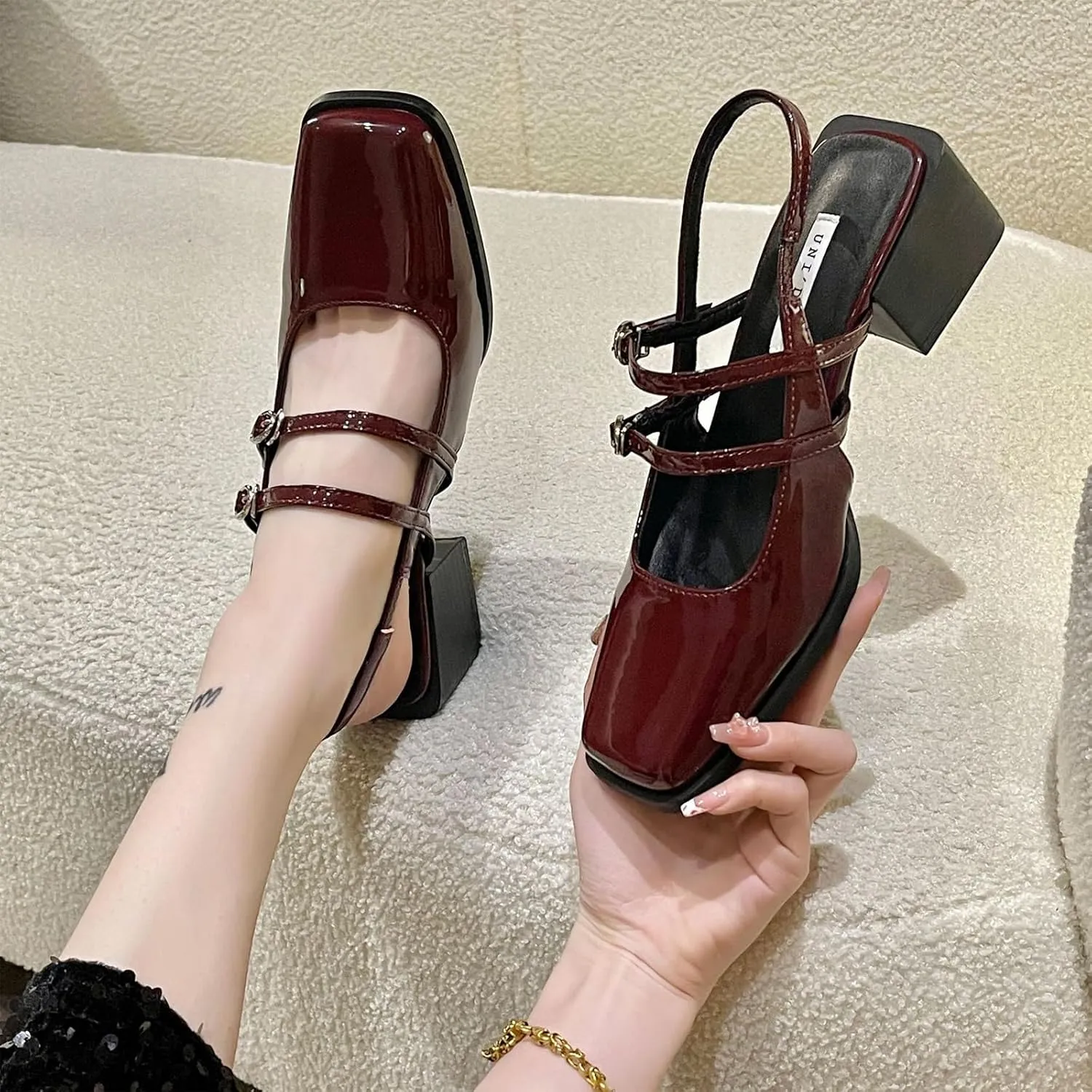 Women's Patent Leather Slingback Chunky Heels Mary Janes Pumps Buckle Closed Square Toe Low Heel Sandals Slip On Party Dress Work Shoes