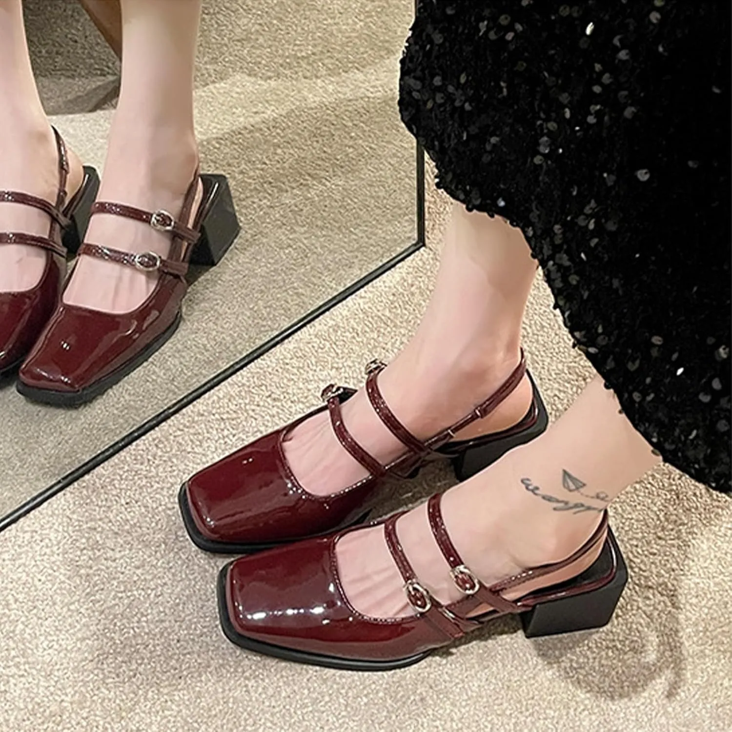 Women's Patent Leather Slingback Chunky Heels Mary Janes Pumps Buckle Closed Square Toe Low Heel Sandals Slip On Party Dress Work Shoes