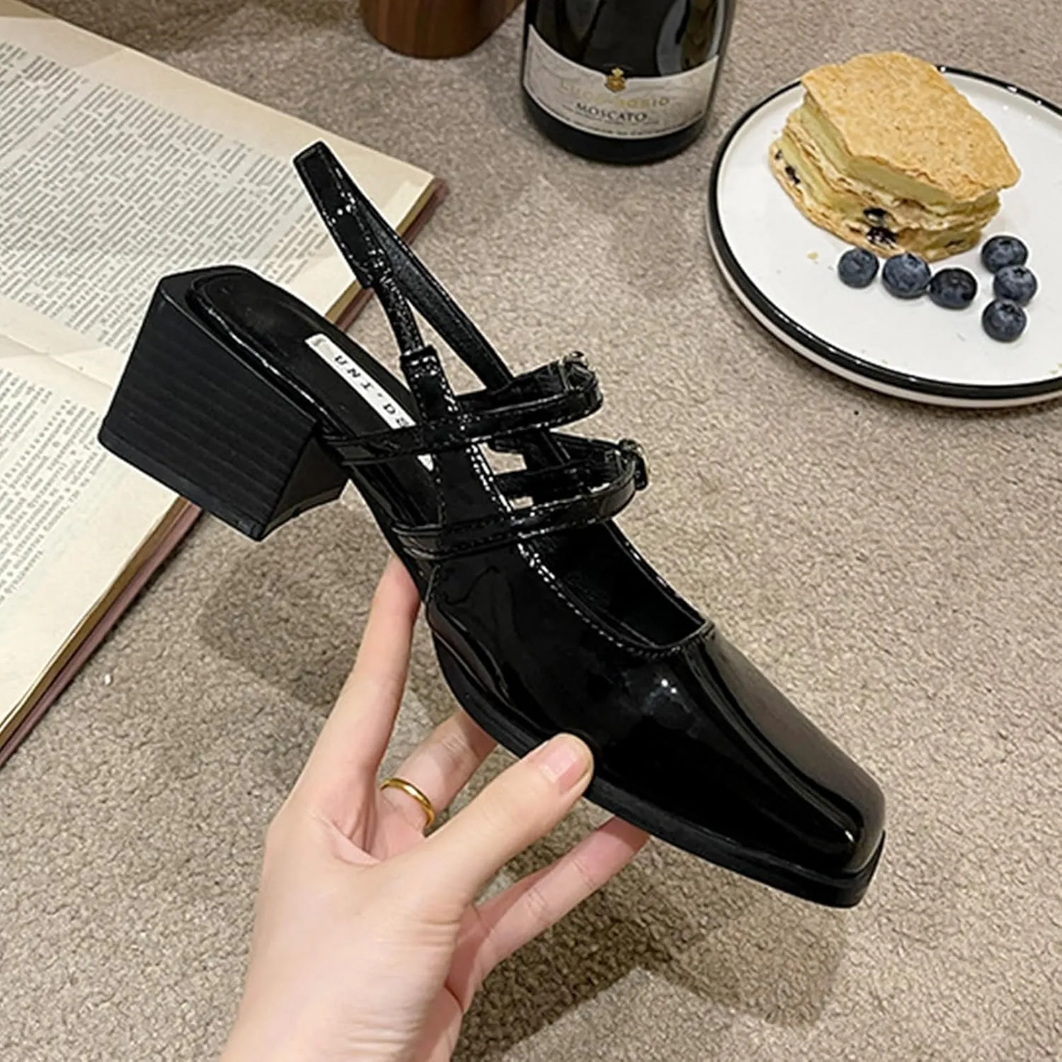 Women's Patent Leather Slingback Chunky Heels Mary Janes Pumps Buckle Closed Square Toe Low Heel Sandals Slip On Party Dress Work Shoes