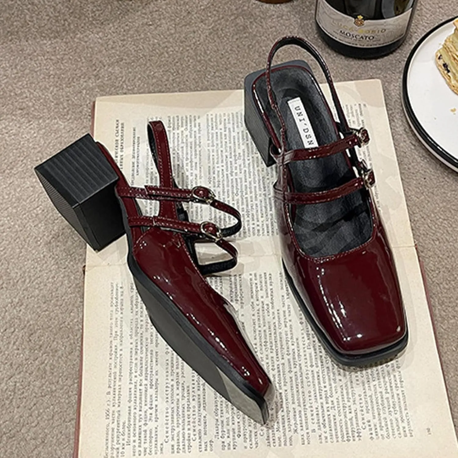 Women's Patent Leather Slingback Chunky Heels Mary Janes Pumps Buckle Closed Square Toe Low Heel Sandals Slip On Party Dress Work Shoes