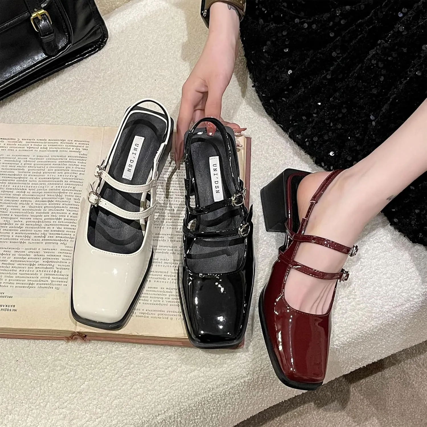 Women's Patent Leather Slingback Chunky Heels Mary Janes Pumps Buckle Closed Square Toe Low Heel Sandals Slip On Party Dress Work Shoes