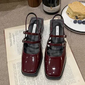 Women's Patent Leather Slingback Chunky Heels Mary Janes Pumps Buckle Closed Square Toe Low Heel Sandals Slip On Party Dress Work Shoes