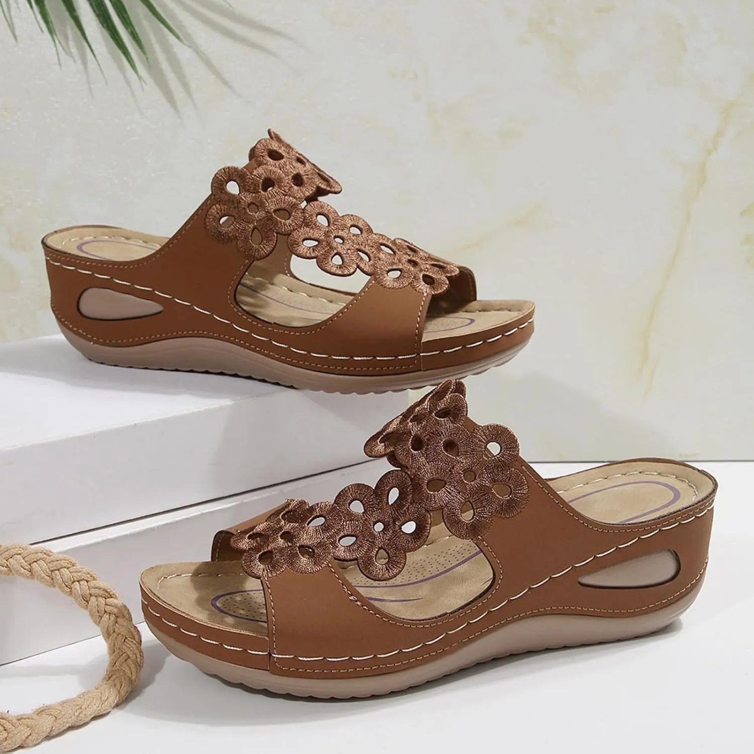 Women's Platform & Wedge Sandals Arch Support Orthopedic Sandals Hollow Out Flower Two Strap Wedges, Comfortable Slip On Walking Slippers Open Toe Casual Beach Platform Shoes