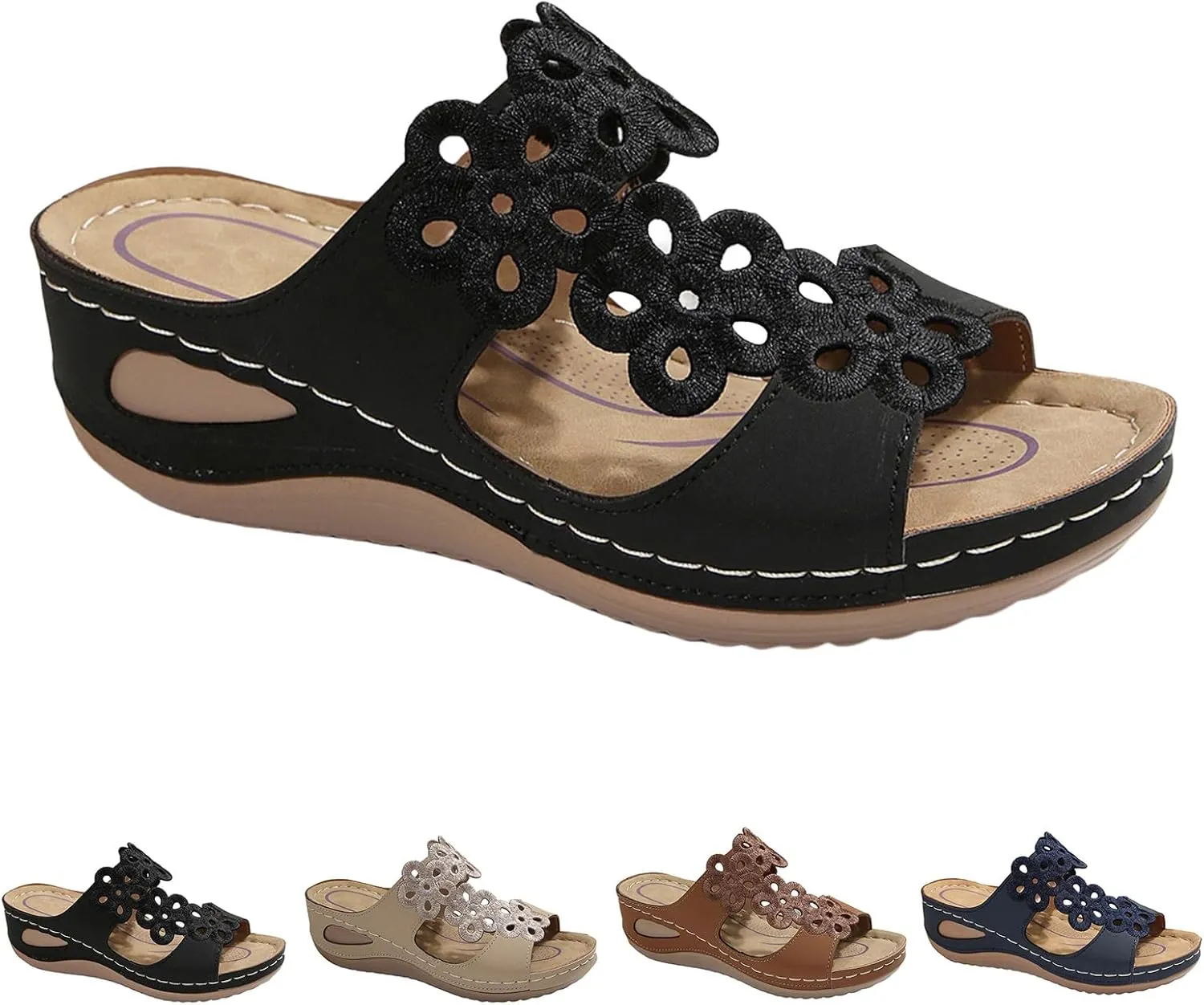 Women's Platform & Wedge Sandals Arch Support Orthopedic Sandals Hollow Out Flower Two Strap Wedges, Comfortable Slip On Walking Slippers Open Toe Casual Beach Platform Shoes