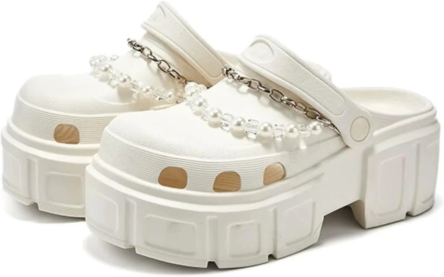 Women's Platform Clogs, 2.5-Inch Heel, Pearl Chain Ornament, Non-Slip Cushioned Comfort, White, Sizes 6.5-9