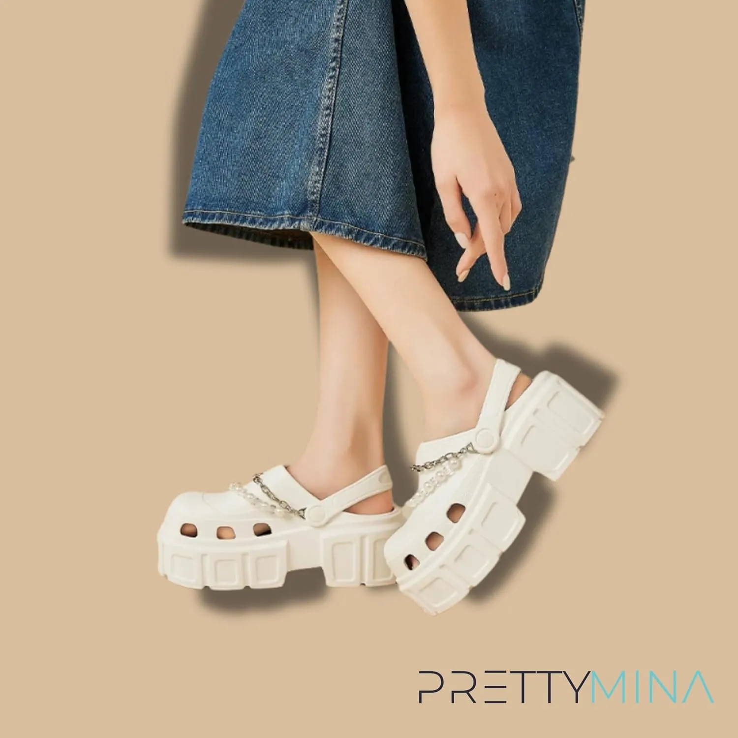 Women's Platform Clogs, 2.5-Inch Heel, Pearl Chain Ornament, Non-Slip Cushioned Comfort, White, Sizes 6.5-9
