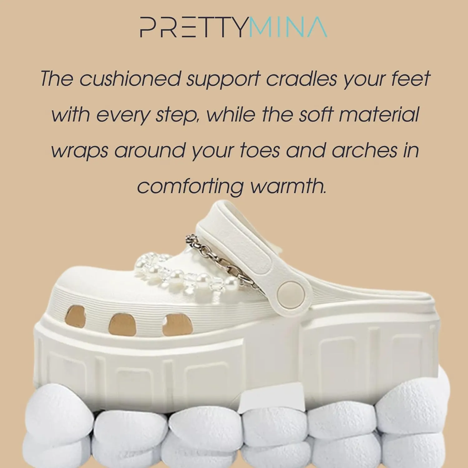 Women's Platform Clogs, 2.5-Inch Heel, Pearl Chain Ornament, Non-Slip Cushioned Comfort, White, Sizes 6.5-9