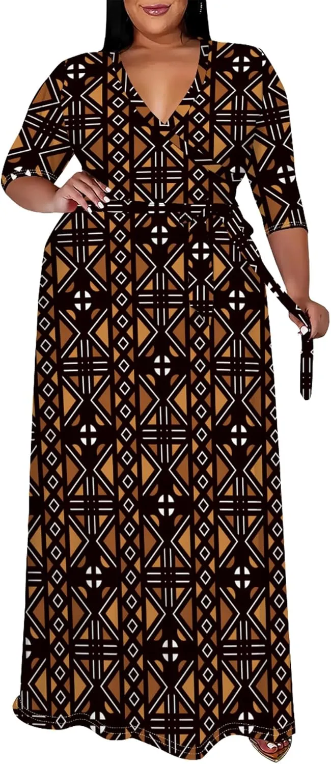 Women's Plus Size Maxi Dress Print 3/4 Sleeves V Neck Party Sundress Wedding Guest Dresses