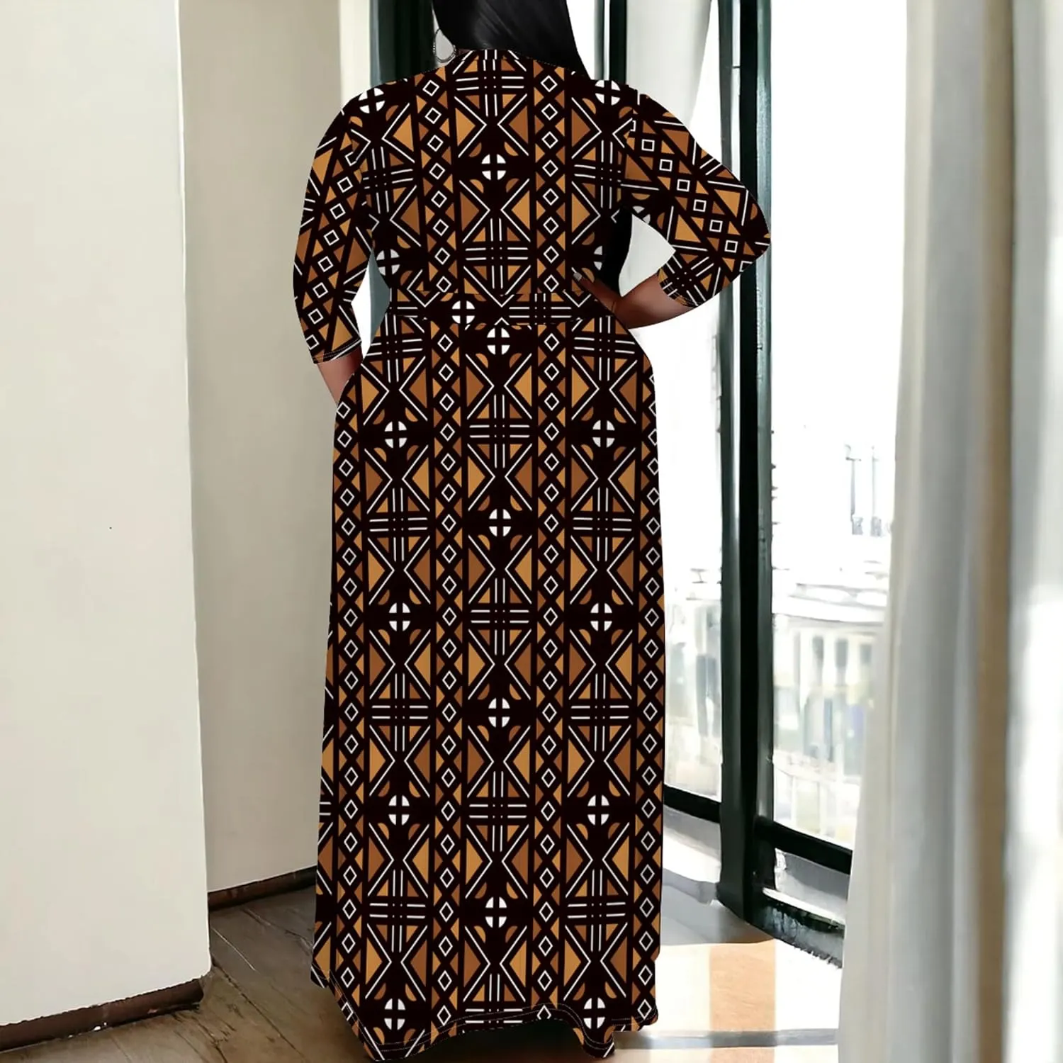 Women's Plus Size Maxi Dress Print 3/4 Sleeves V Neck Party Sundress Wedding Guest Dresses