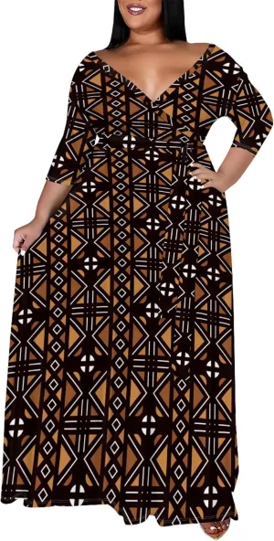 Women's Plus Size Maxi Dress Print 3/4 Sleeves V Neck Party Sundress Wedding Guest Dresses