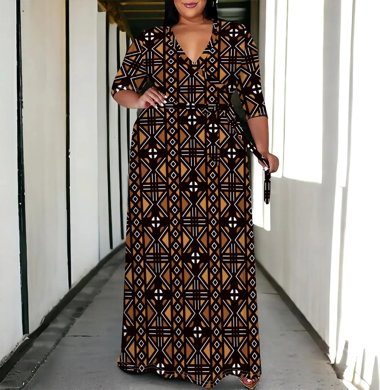 Women's Plus Size Maxi Dress Print 3/4 Sleeves V Neck Party Sundress Wedding Guest Dresses