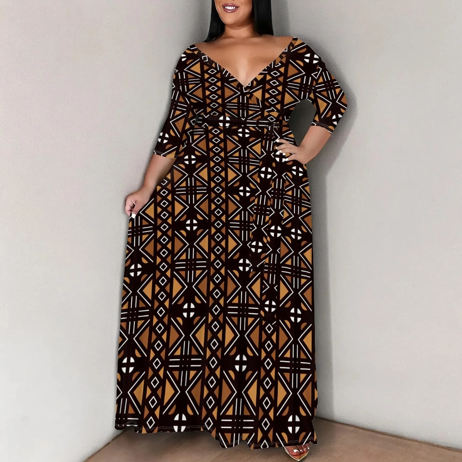 Women's Plus Size Maxi Dress Print 3/4 Sleeves V Neck Party Sundress Wedding Guest Dresses