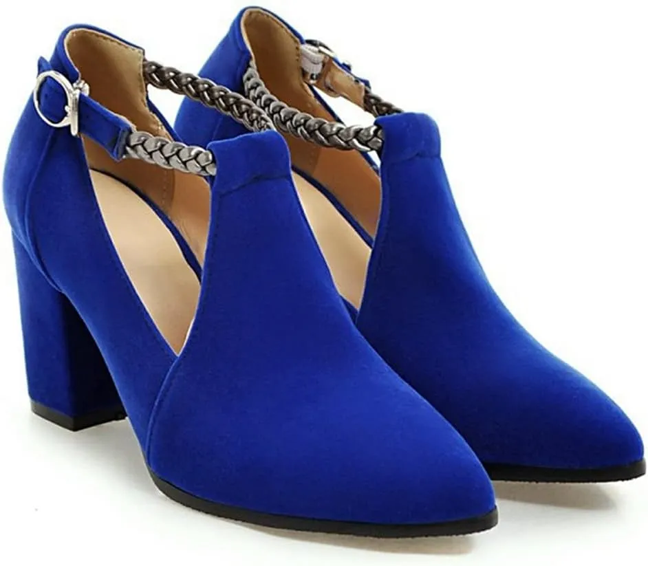 Women's Pointed Toe Chunky High Block Heel Pumps Suede T-Strap Mary Jane Comfort Office Dress Shoes