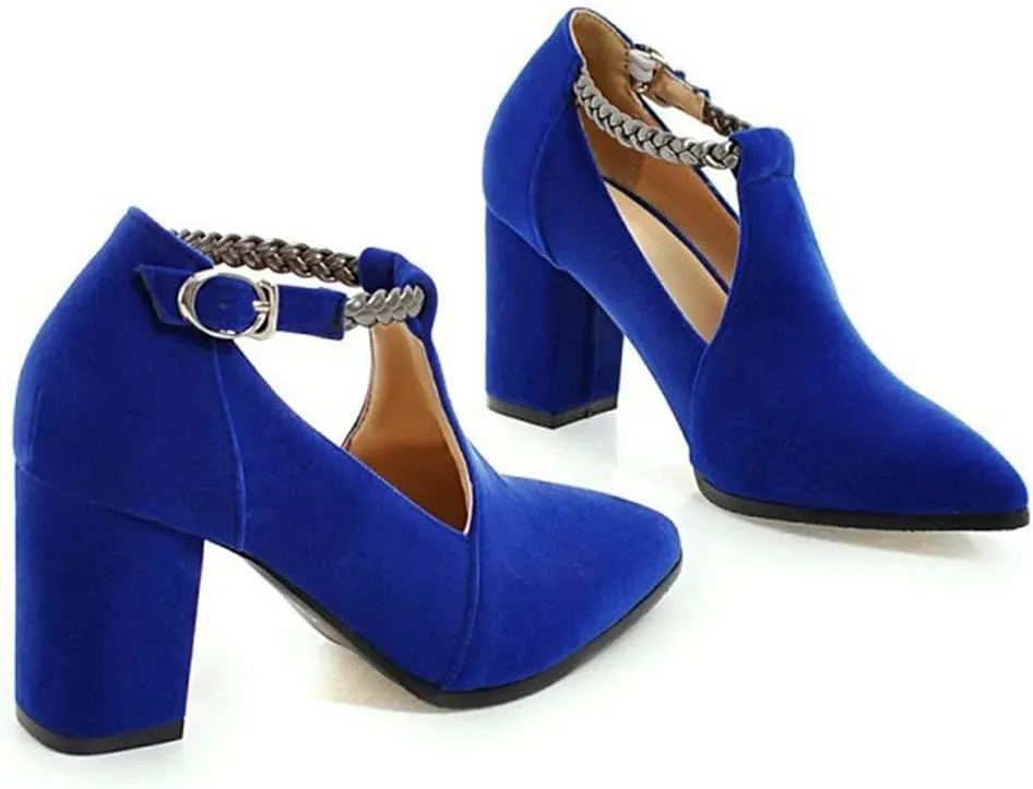 Women's Pointed Toe Chunky High Block Heel Pumps Suede T-Strap Mary Jane Comfort Office Dress Shoes