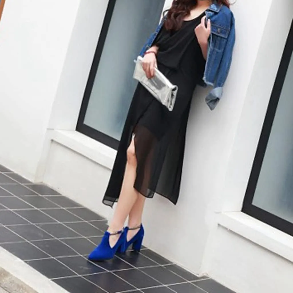 Women's Pointed Toe Chunky High Block Heel Pumps Suede T-Strap Mary Jane Comfort Office Dress Shoes