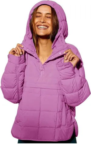 Womens Quilted Pullover Puffer Jacket Oversized Lightweight Hoodies Packable Winter Padded Coat Tops