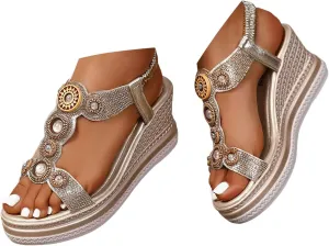 Women's Rhinestone Open Toe High Heel Sandals Open Toe Espadrilles Platform Slides Dressy High Heel Beach Summer Sandal Wide Width Walking Dress Shoes for Party Casual Beach Vacation