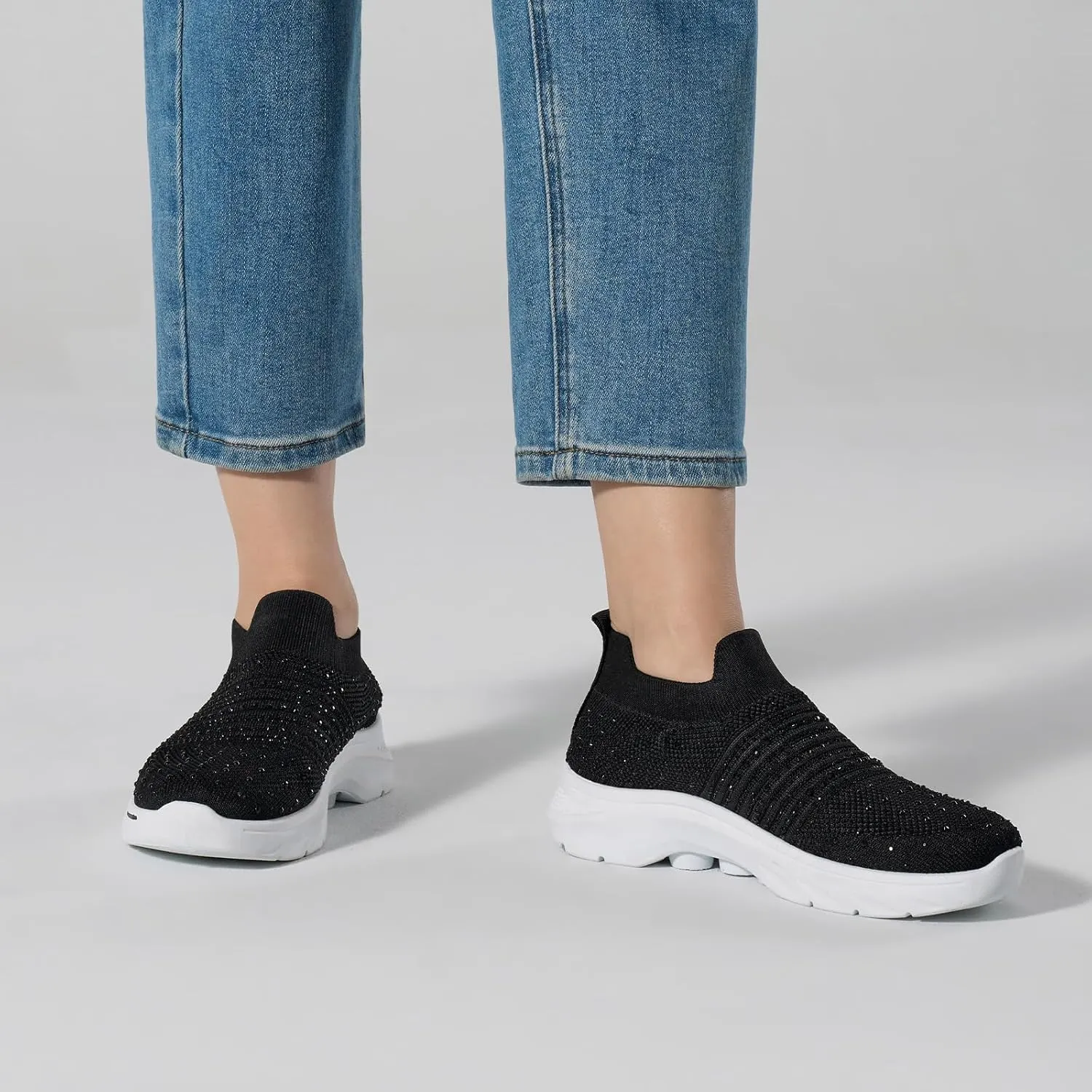 Womens Rhinestone Walking Shoes Comfortable Breathable Sock Shoes Lightweight Fashion Casual Sneakers for Women