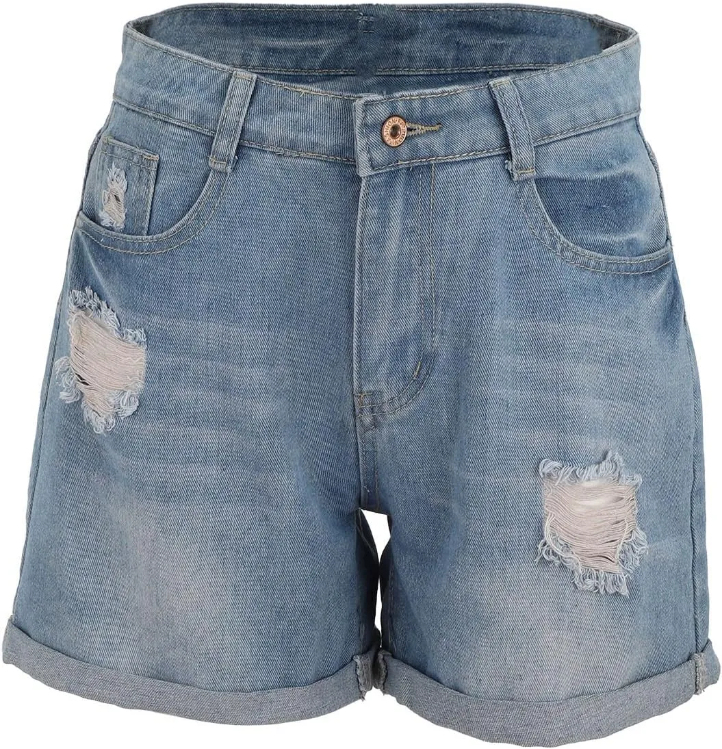 Women's Ripped Denim Shorts High Waist Distressed Sexy Jean Shorts Casual Outdoor Rolled Short Jeans with Pockets
