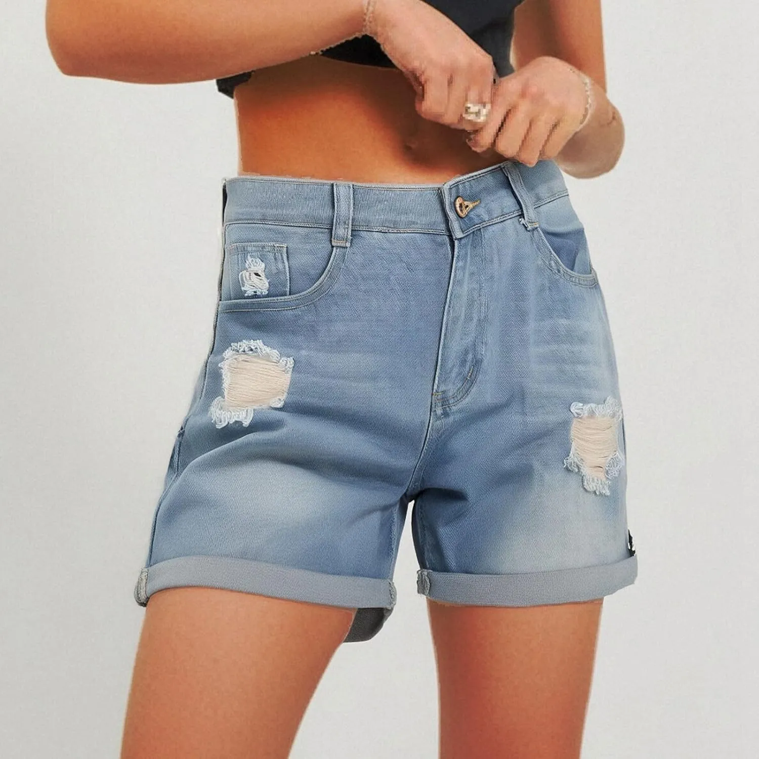 Women's Ripped Denim Shorts High Waist Distressed Sexy Jean Shorts Casual Outdoor Rolled Short Jeans with Pockets