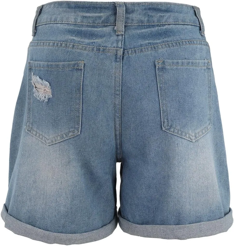 Women's Ripped Denim Shorts High Waist Distressed Sexy Jean Shorts Casual Outdoor Rolled Short Jeans with Pockets