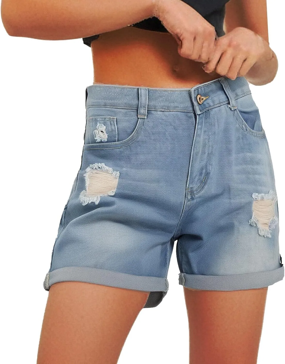 Women's Ripped Denim Shorts High Waist Distressed Sexy Jean Shorts Casual Outdoor Rolled Short Jeans with Pockets