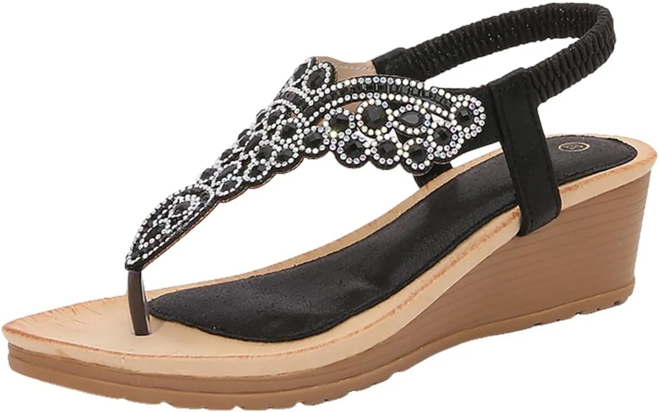 Womens Sandals 2025 Low Wedge Fashion Heels Rhinestone Trendy Flower Shoes Buckle Bohemian Open Toe Sandals Dressy Pearl Crystal Flat Sandal Elastic Ankle Strap Shoes 2025