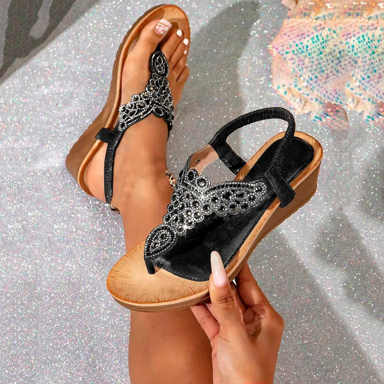 Womens Sandals 2025 Low Wedge Fashion Heels Rhinestone Trendy Flower Shoes Buckle Bohemian Open Toe Sandals Dressy Pearl Crystal Flat Sandal Elastic Ankle Strap Shoes 2025