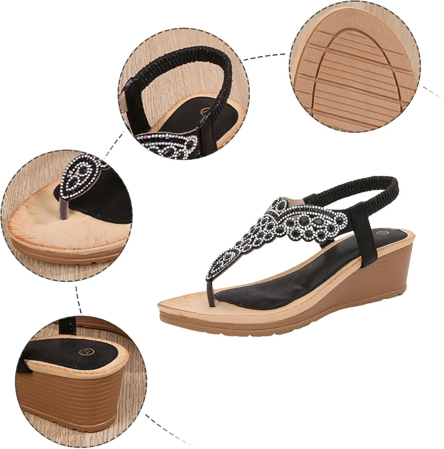 Womens Sandals 2025 Low Wedge Fashion Heels Rhinestone Trendy Flower Shoes Buckle Bohemian Open Toe Sandals Dressy Pearl Crystal Flat Sandal Elastic Ankle Strap Shoes 2025