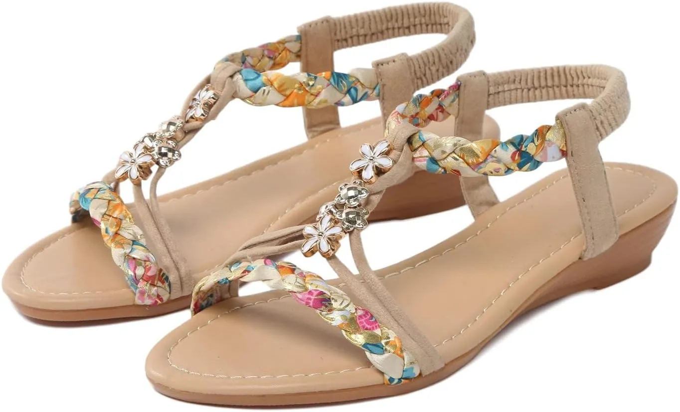 Womens Sandals Comfortable Dressy Summer Bohemian Flats Elastic Ankle Strap Walking Beach Shoes Dress Summer Beach Shoes for Women