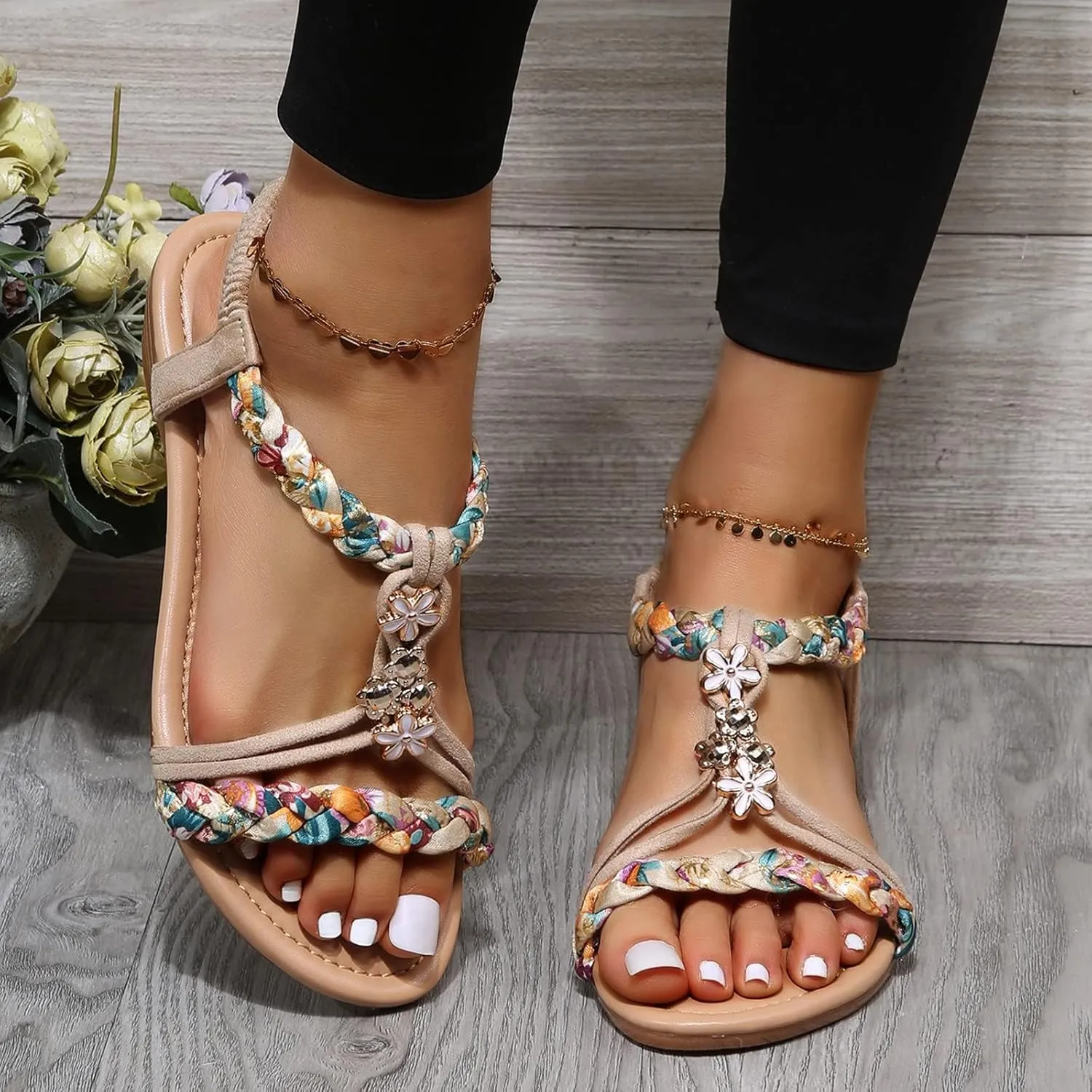 Womens Sandals Comfortable Dressy Summer Bohemian Flats Elastic Ankle Strap Walking Beach Shoes Dress Summer Beach Shoes for Women