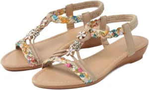Womens Sandals Comfortable Dressy Summer Bohemian Flats Elastic Ankle Strap Walking Beach Shoes Dress Summer Beach Shoes for Women