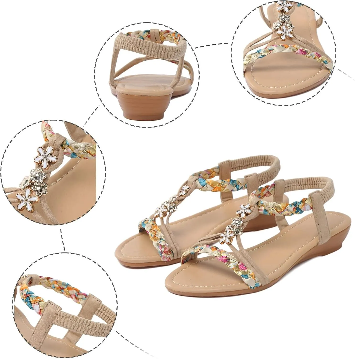 Womens Sandals Comfortable Dressy Summer Bohemian Flats Elastic Ankle Strap Walking Beach Shoes Dress Summer Beach Shoes for Women