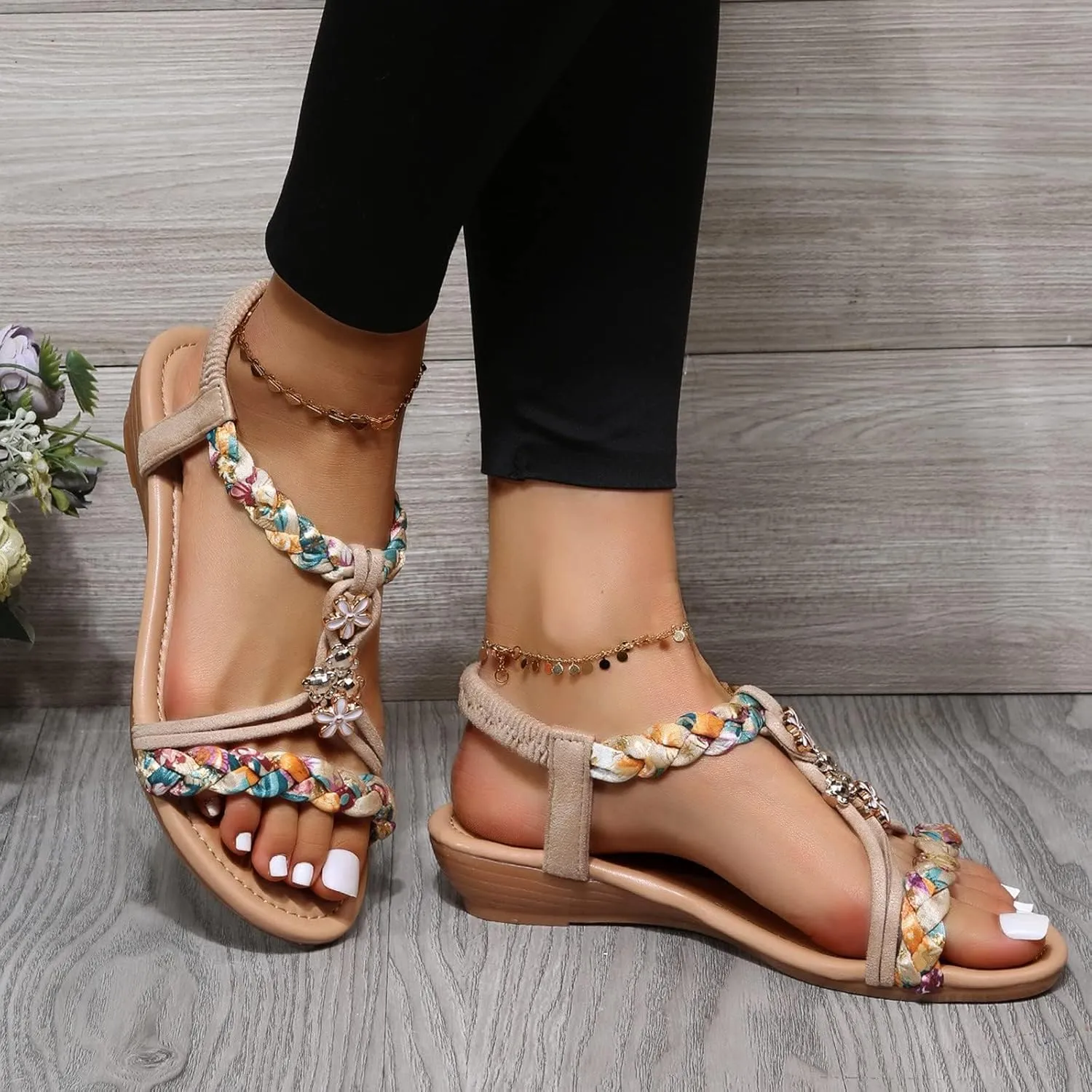 Womens Sandals Comfortable Dressy Summer Bohemian Flats Elastic Ankle Strap Walking Beach Shoes Dress Summer Beach Shoes for Women